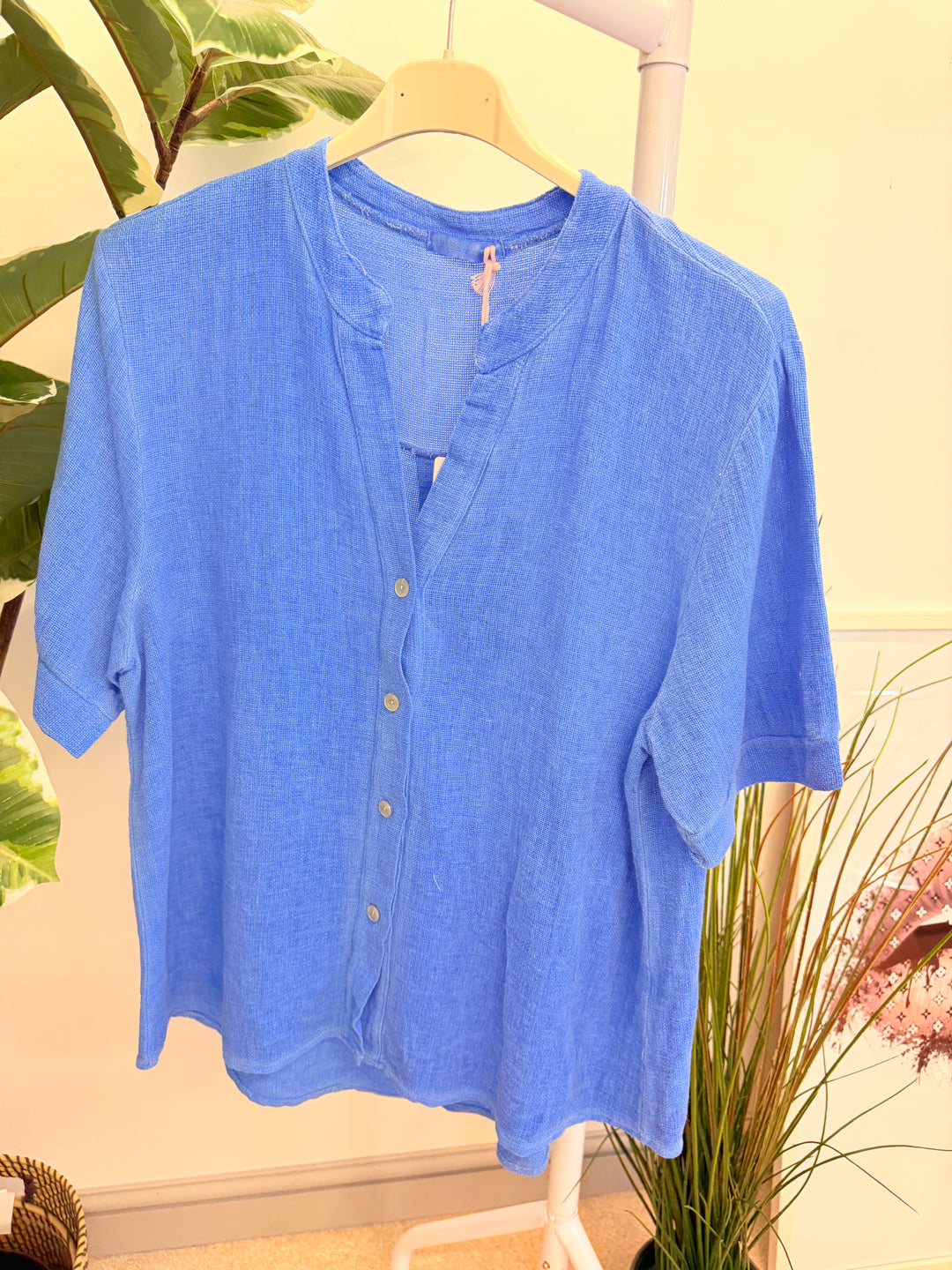 Ladies Fashion Tea Bag Linen Button Up Shirt Top royal blue