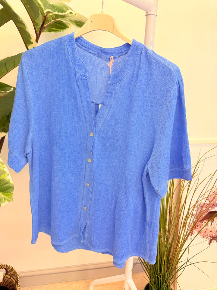 Ladies Fashion Tea Bag Linen Button Up Shirt Top royal blue