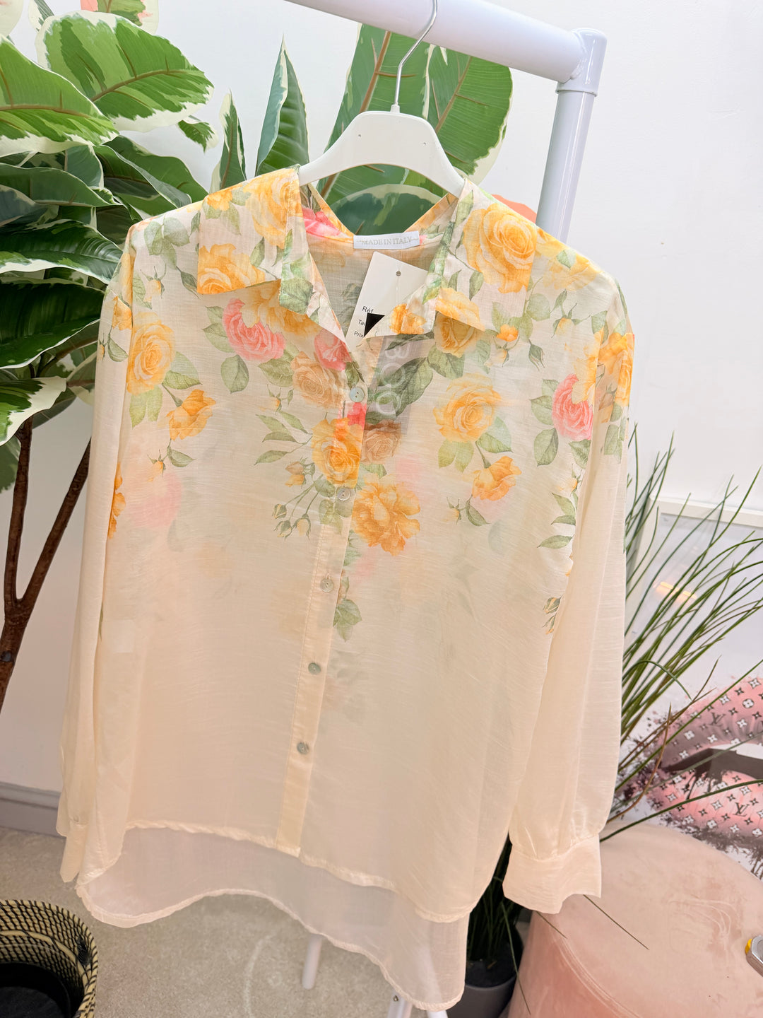 Ladies Fashion Floral Print Sheer Blouse Top - pink, lemon, blue
