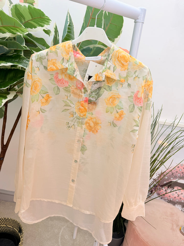 Ladies Fashion Floral Print Sheer Blouse Top - pink, lemon, blue