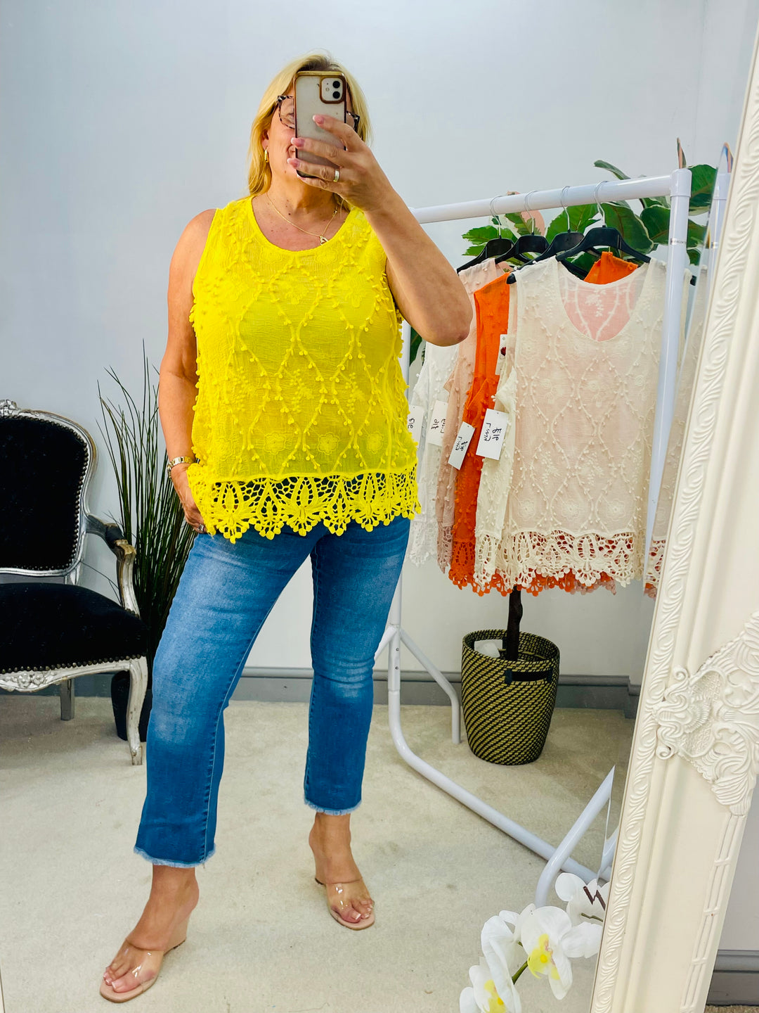LADIES PRETTY CROCHET SUMMER SLEEVELESS TOP - WHITE, BEIGE, PINK, ORANGE, YELLOW, FUSCHIA