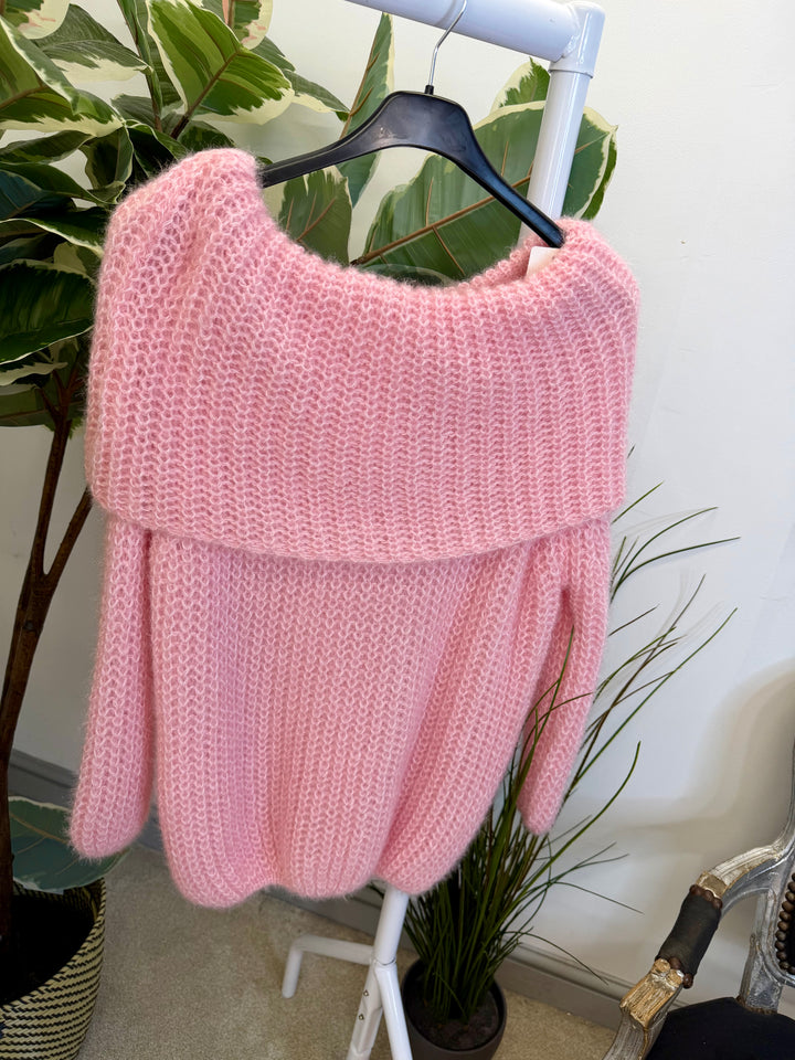 LADIES FLUFFY KNIT BARDOT JUMPER - MINT, BLACK, CREAM, PINK, LEMON & MOCHA