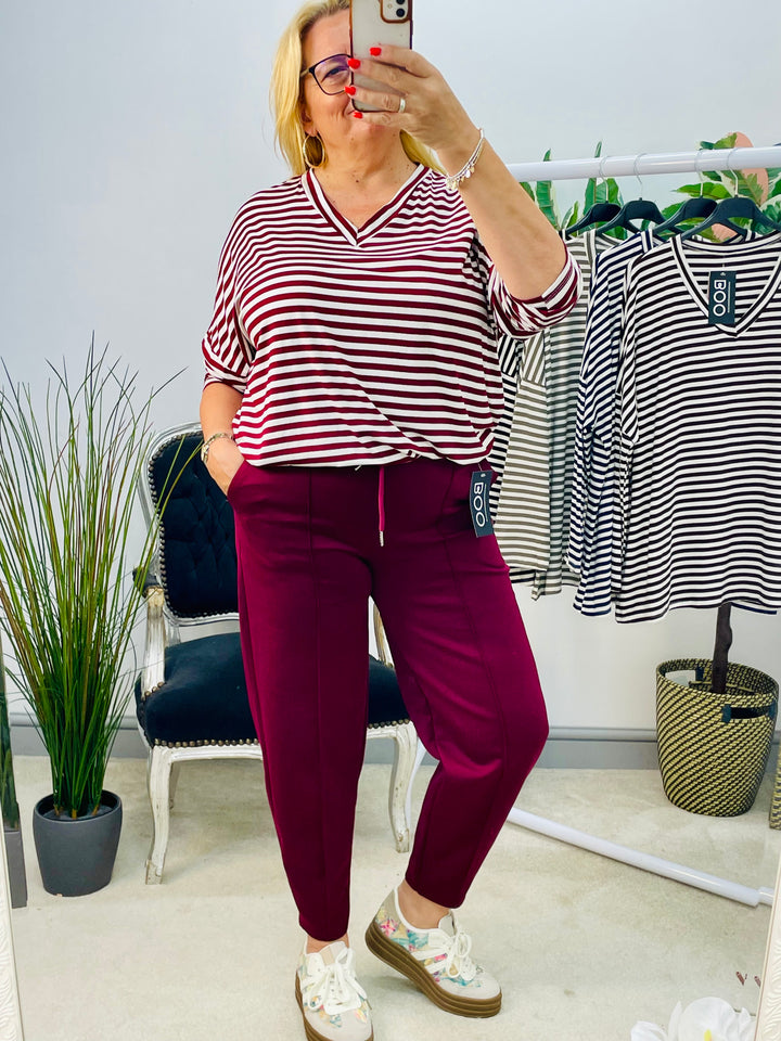 LADIES CASUAL STRIPE LOOSE FIT TOP - KHAKI, NAVY, WINE, BLACK & BROWN