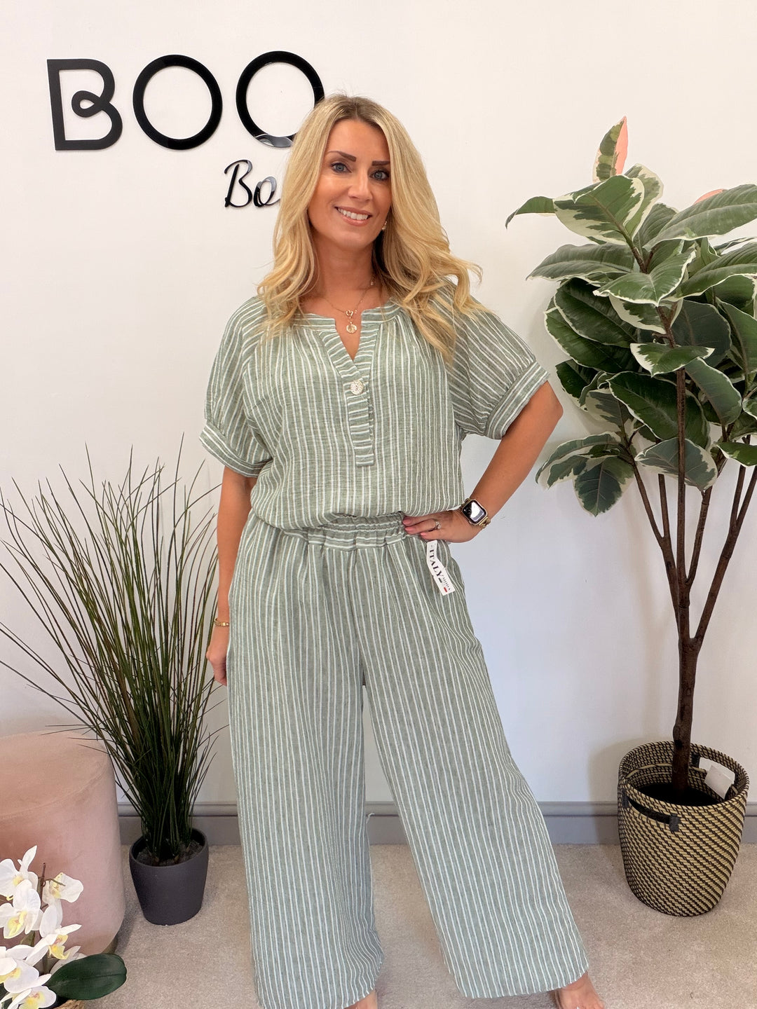 Ladies Fashion Stripe Wide Leg Trouser Co Ord Set - Khaki, Blue, White & Beige