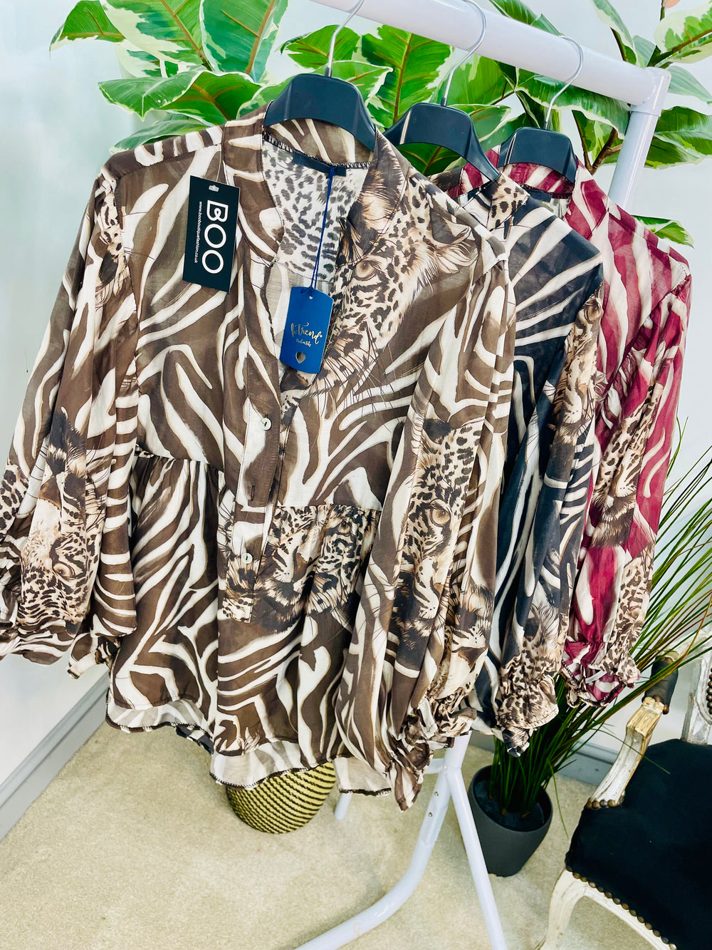 LADIES ZEBRA & LEOPARD PRINT LOOSE FIT BLOUSE TOP - BURGUNDY, BLACK & BEIGE