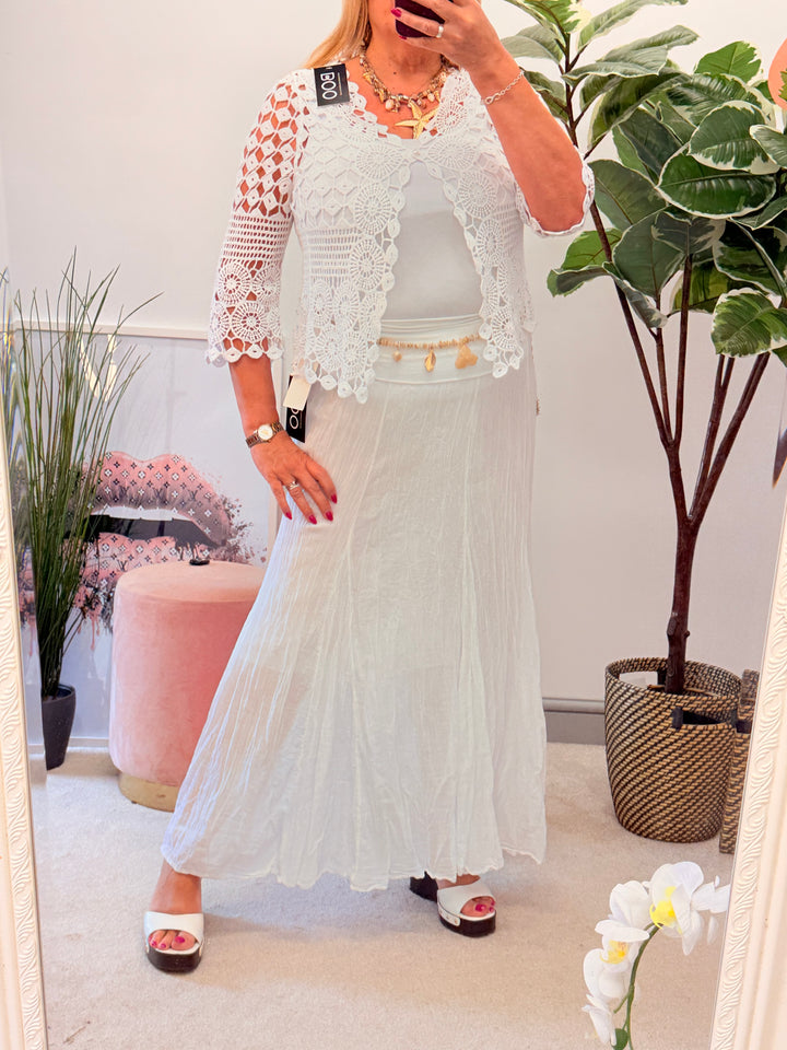 Ladies Fashion Crinkle Boho Maxi Skirt - Brown, White, Pink & Blue
