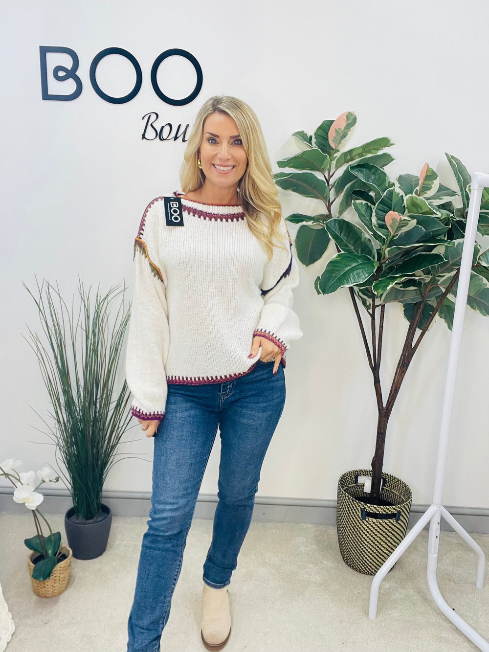 LADIES WINTER CONTRAST STITCH KNIT JUMPER - CREAM, KHAKI & BLUE