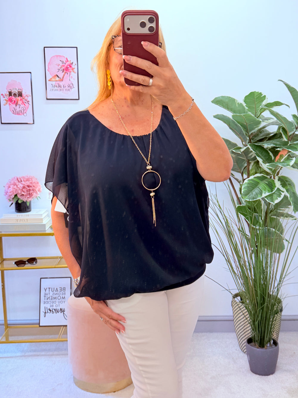 Ladies Chiffon Summer Top - Black, White, Red, Navy, Lemon, Blue, Pink, Navy