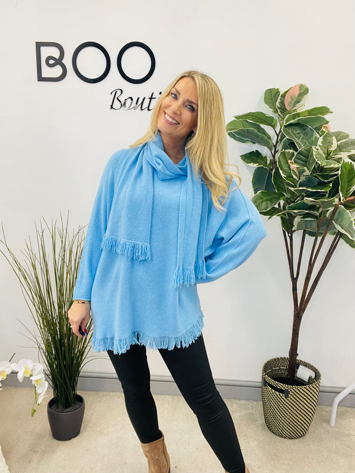 LADIES OVERSIZE JUMPER & SCARF SET BLUE