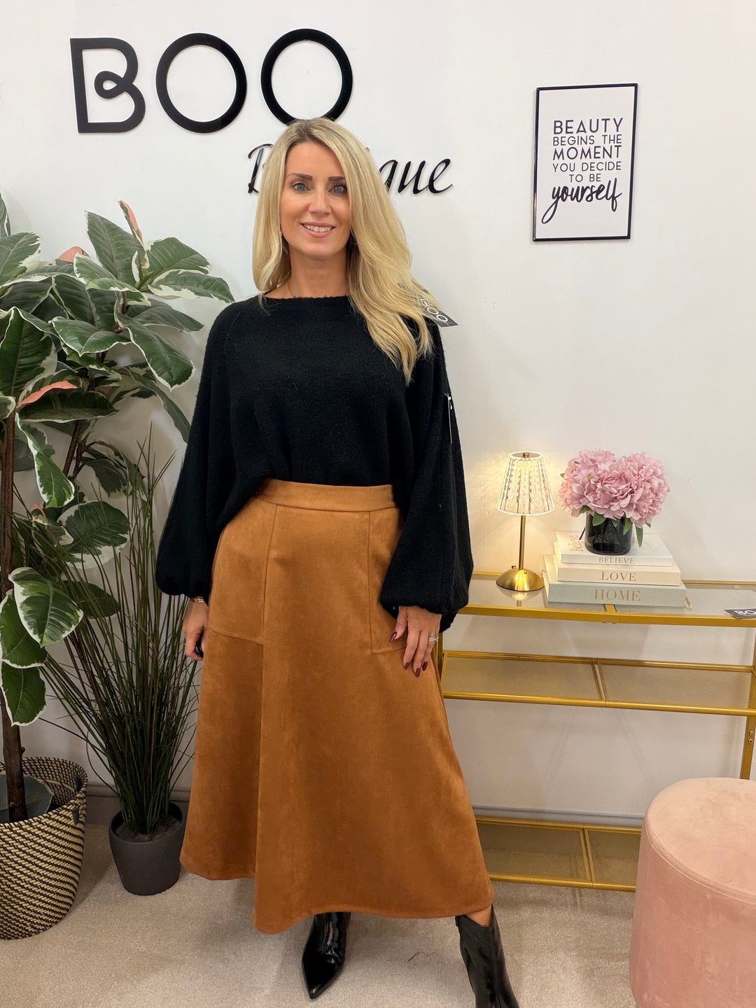 Womens fashion faux suede A line maxi skirt - black, camel & brown