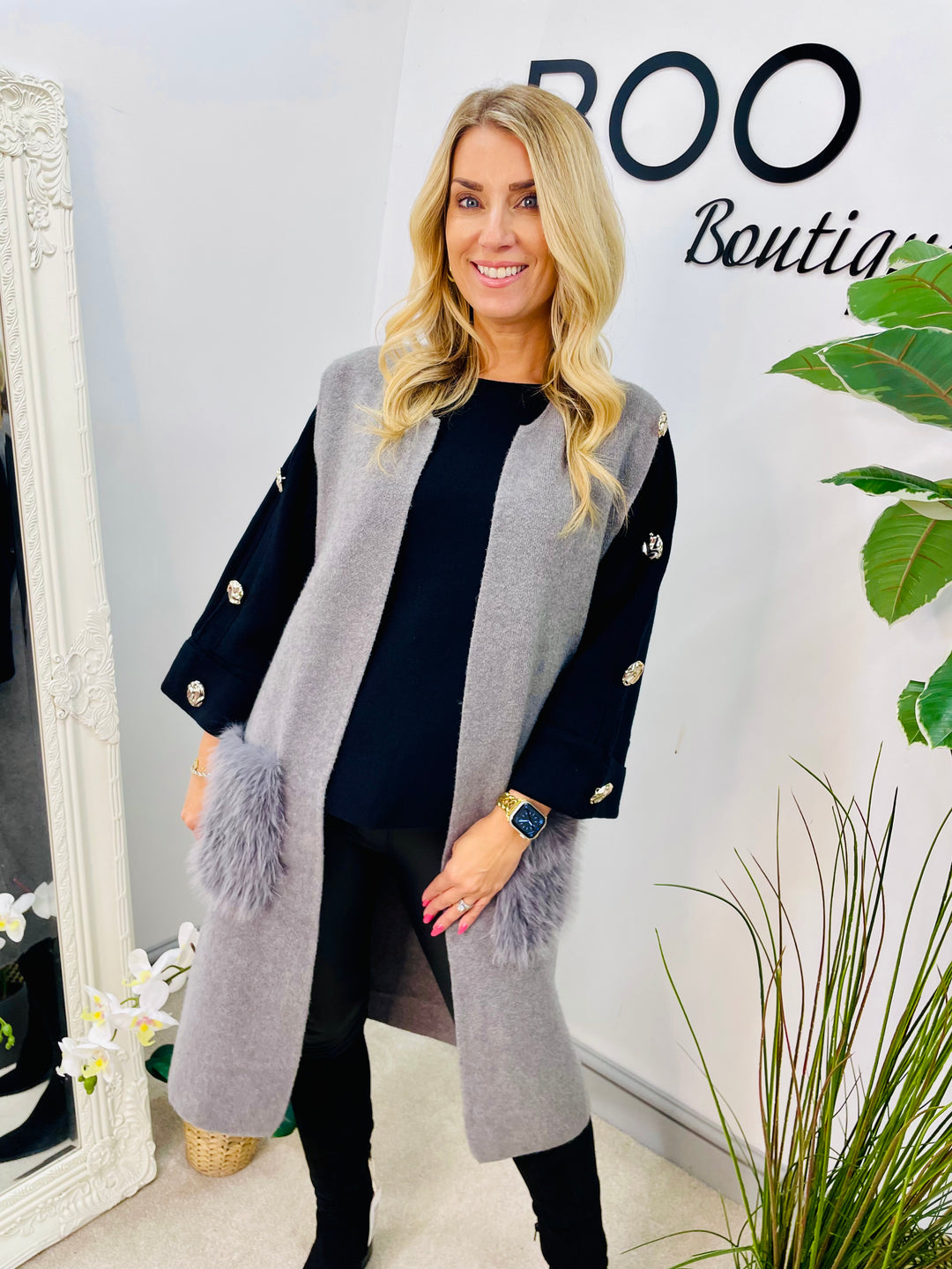 LADIES KNITTED LONGLINE SLEEVELESS CARDIGAN GILET - CAMEL, GREY & BLACK