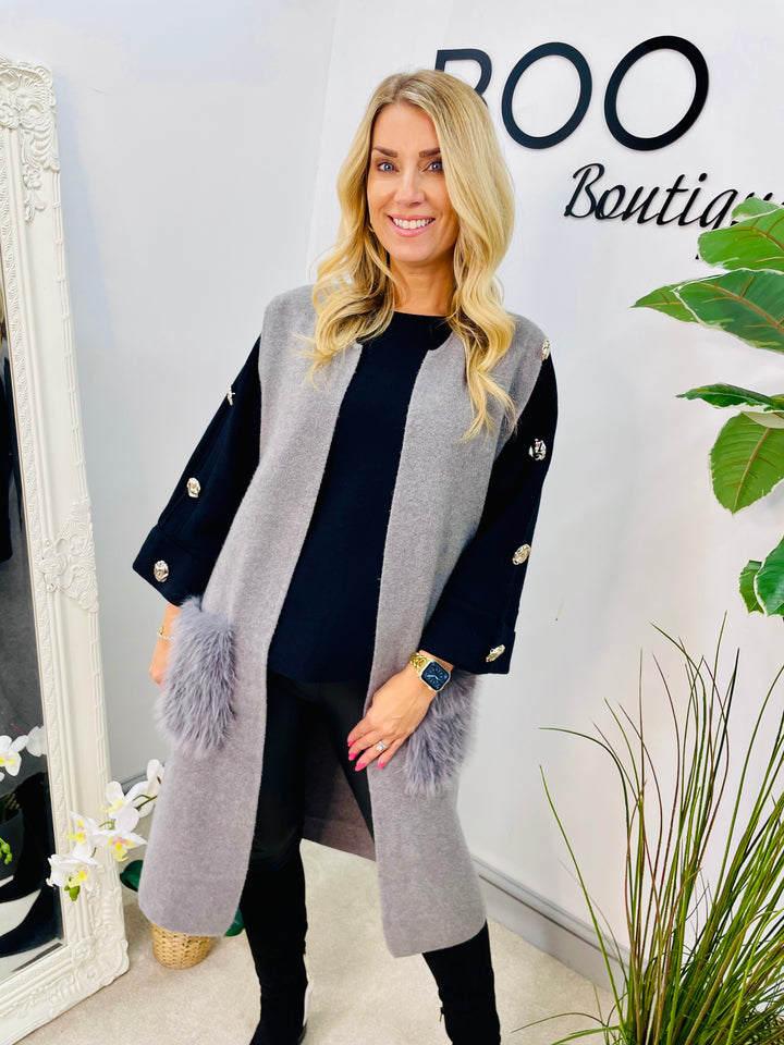 LADIES KNITTED LONGLINE SLEEVELESS CARDIGAN GILET - CAMEL, GREY & BLACK