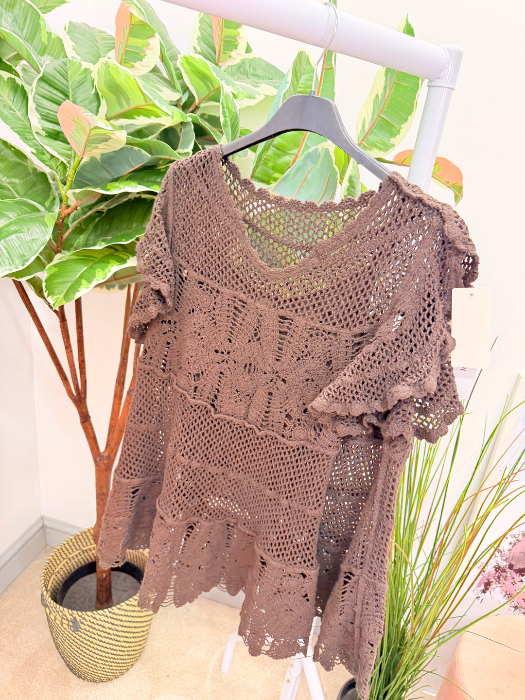 Ladies Pretty Crochet Top - lemon, white, blue, brown & coral 