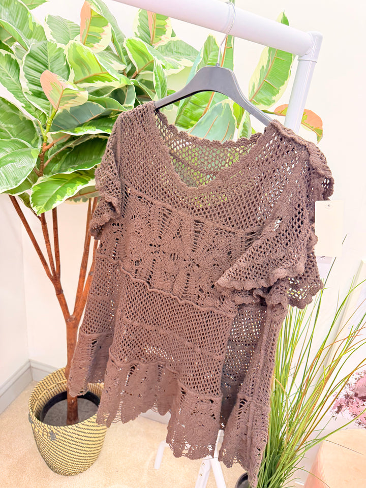 Ladies Pretty Crochet Top - lemon, white, blue, brown & coral 