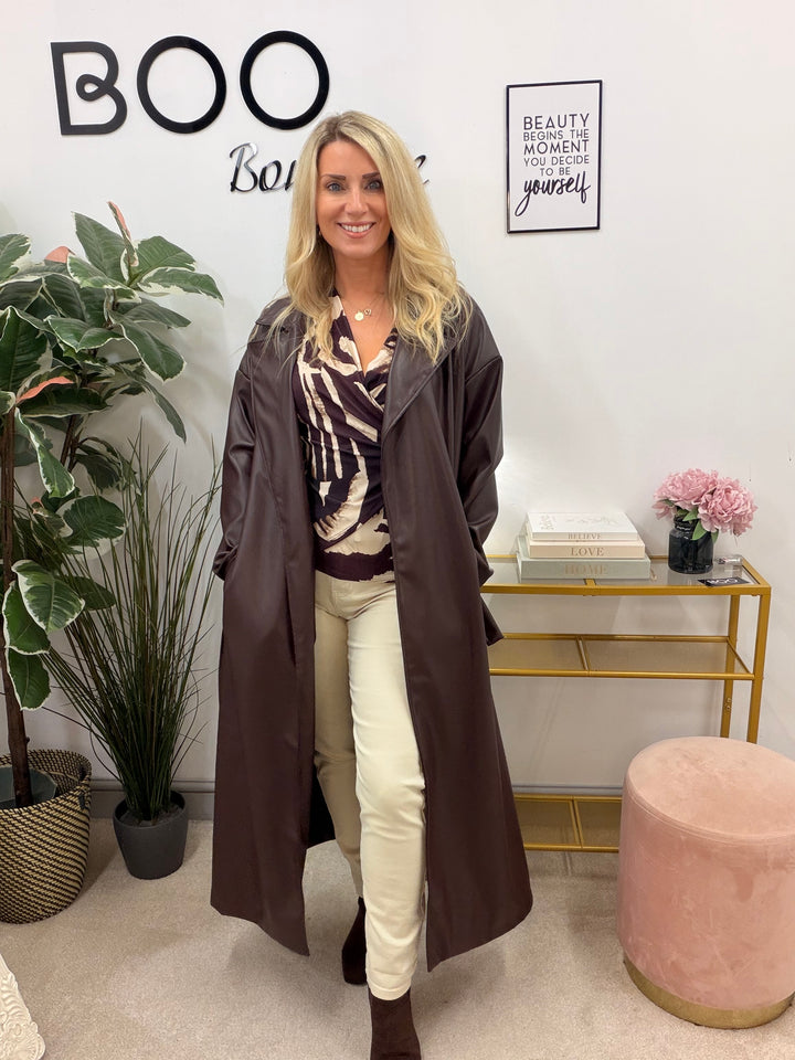 Womens fashion faux leather trench coat - plum, black & brown