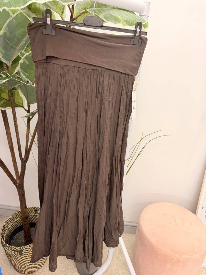 Ladies Fashion Crinkle Boho Maxi Skirt - Brown, White, Pink & Blue