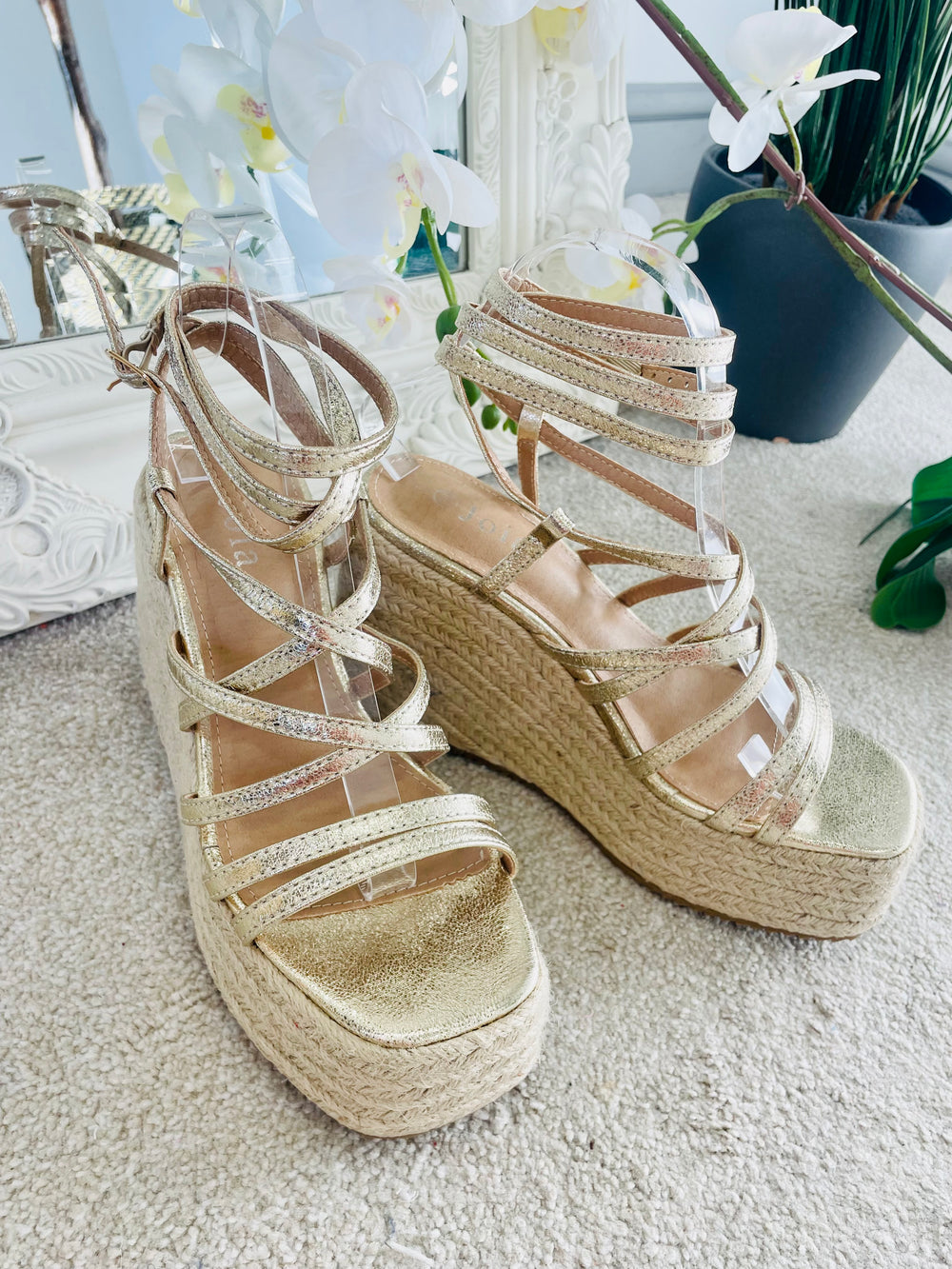 LADIES WOMENS GOLD SUMMER STRAPPY FLATFORM SANDALS SHOES