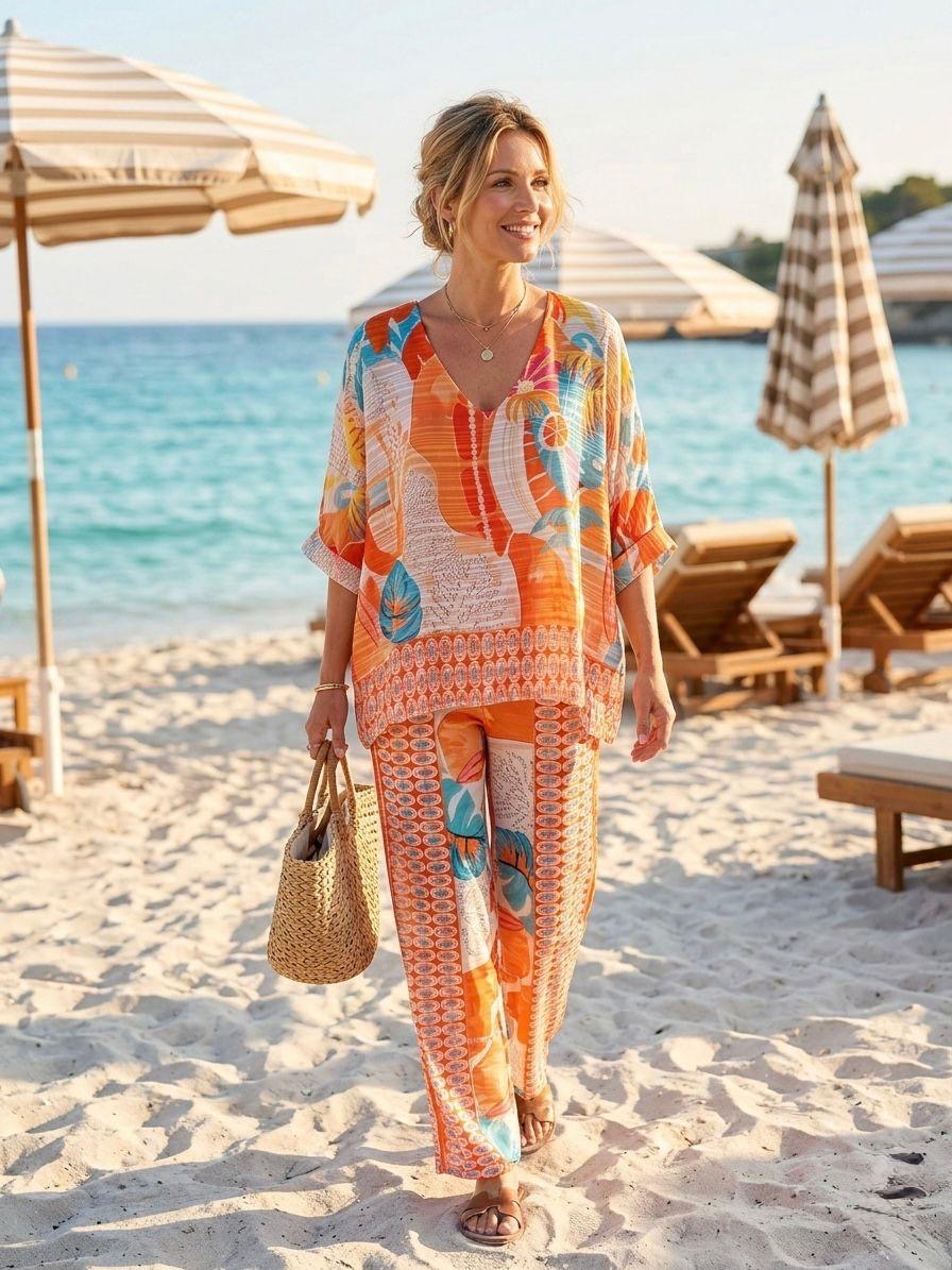 Ladies Orange Chiffon Trouser Co Ord Set