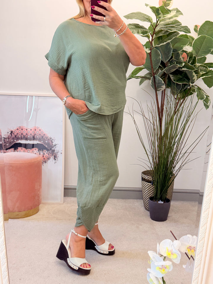 Ladies Cheesecloth Harem Trouser Co Ord - Black, Lemon, Coral, Pink, Blue, Khaki, Beige & Brown