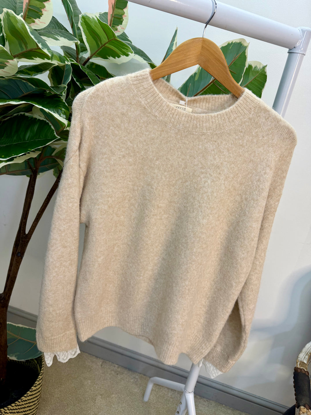 LADIES SOFT KNIT LACE CUFF JUMPER - BLUE, PINK & BEIGE