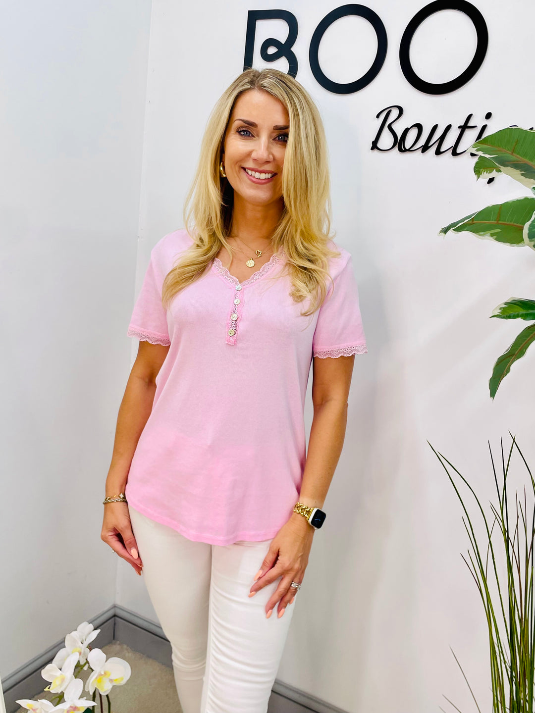 LADIES LACE EDGE STRETCH RIBBED T SHIRT WHITE, LEMON, PINK, BLUE & TAUPE
