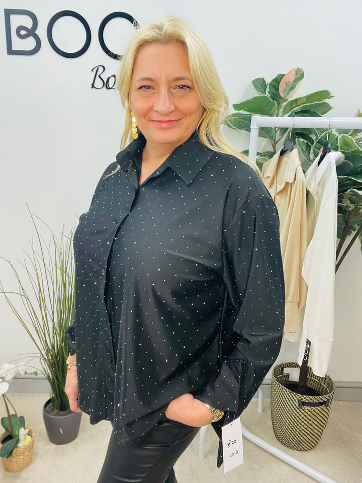 LADIES SPARKLY STRETCH BLOUSE SHIRT - WHITE, BLACK, CHAMPAGNE