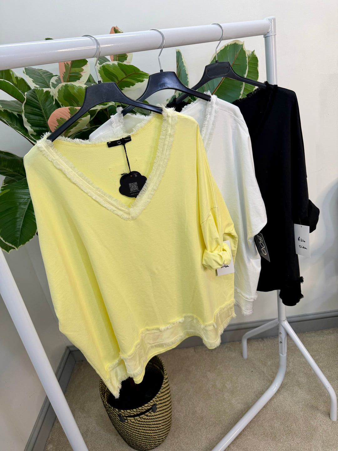 LADIES FASHION V NECK CASUAL TOP - BLACK, WHITE & LEMON