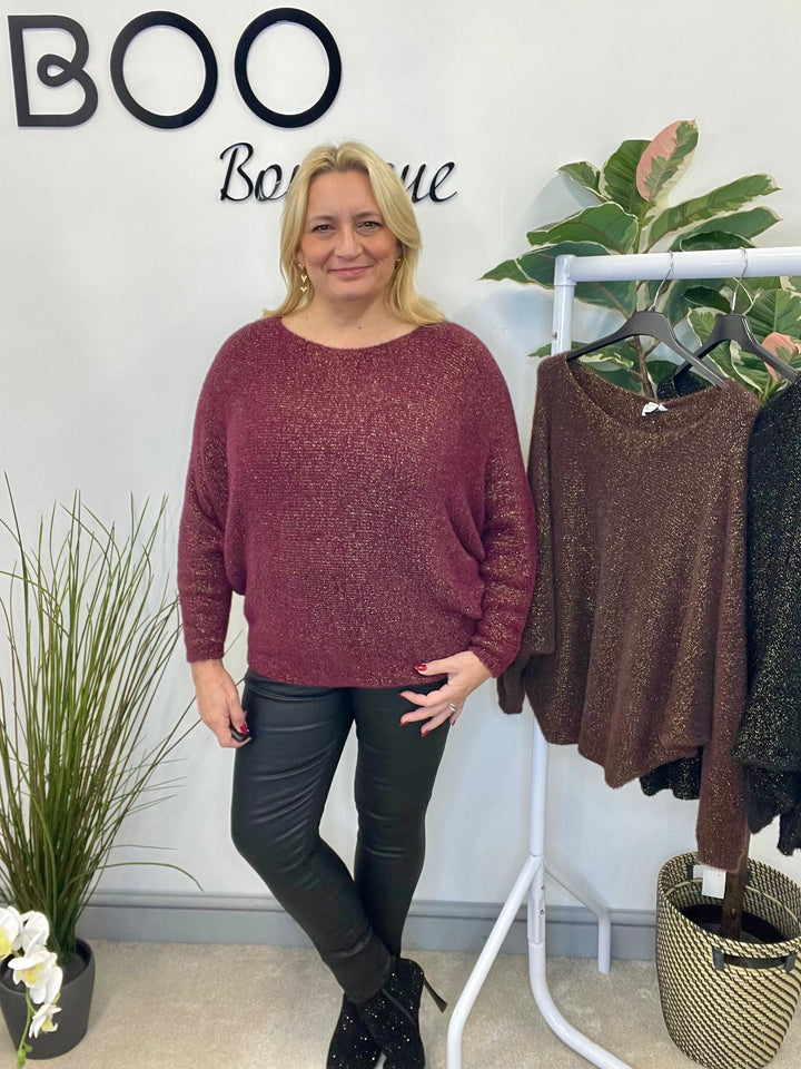 LADIES LUREX BATWING JUMPER - BLACK, BERRY, BROWN