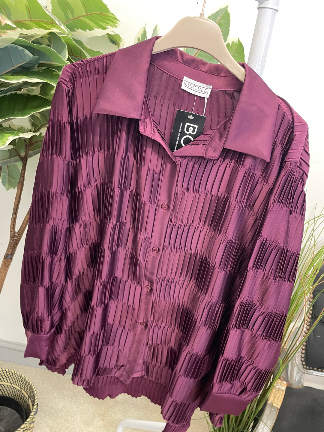 LADIES PLEATED OVERSIZE SHIRT BLOUSE - BLACK, PLUM & BROWN