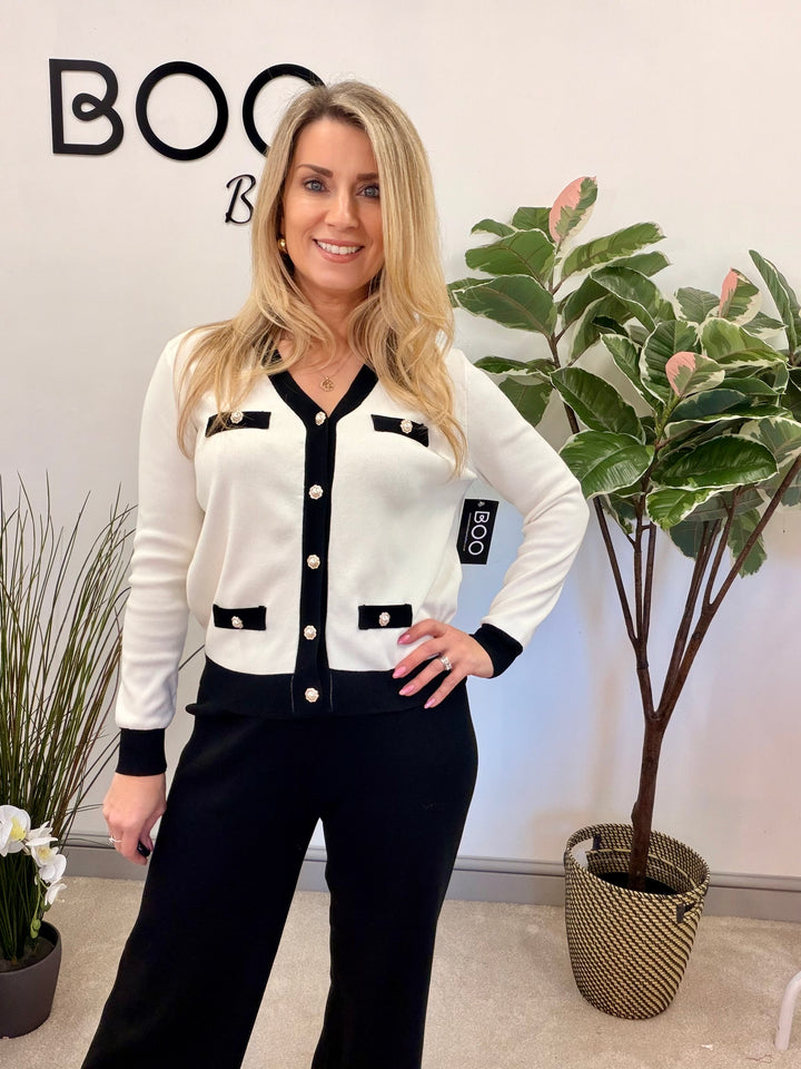 LADIES FASHION BLACK & WHITE MONOCHOME WIDE LEG TROUSER CO ORD SET