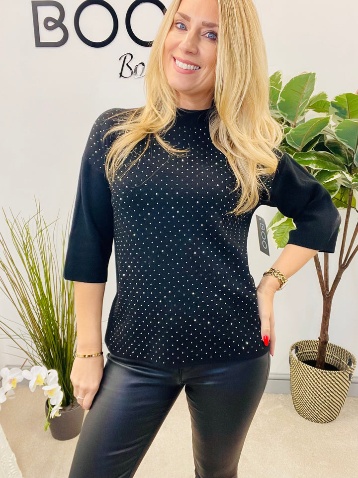 LADIES BLACK SPARKLY STUD SHORT SLEEVE JUMPER