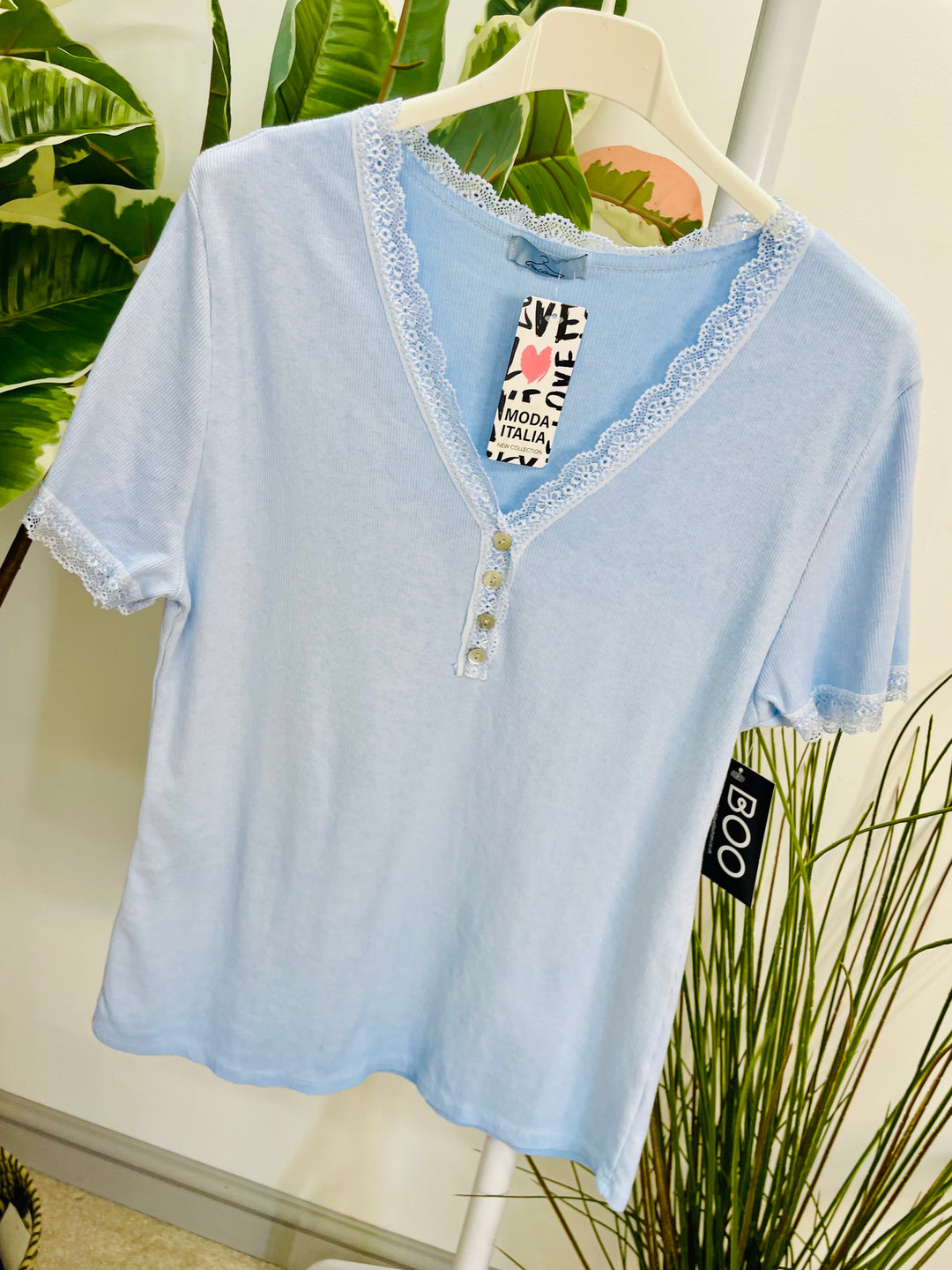 LADIES LACE EDGE STRETCH RIBBED T SHIRT WHITE, LEMON, PINK, BLUE & TAUPE