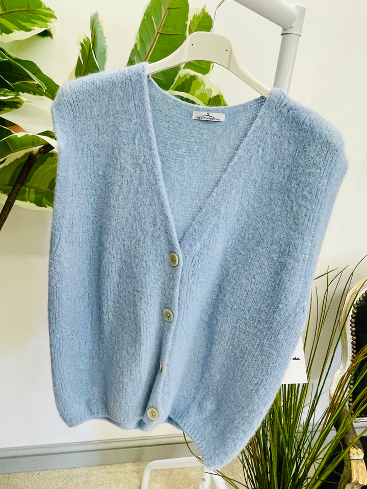LADIES KNITTED WAISTCOAT - WHITE, BLUE, GREY, CAMEL & BROWN