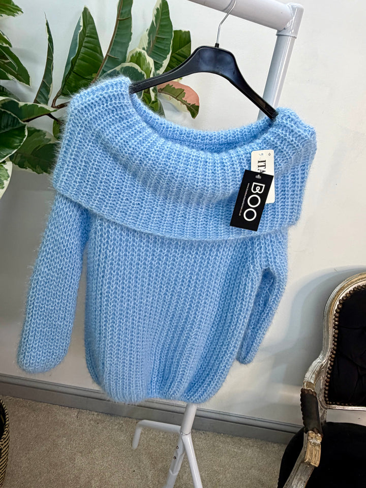 LADIES FLUFFY KNIT BARDOT JUMPER - MINT, BLACK, PINK, LEMON & BLUE