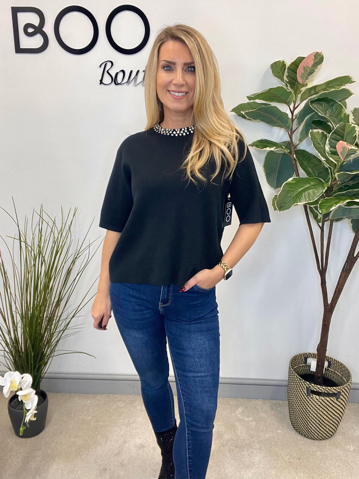 LADIES DIAMANTE NECK JUMPER - BLACK & CREAM