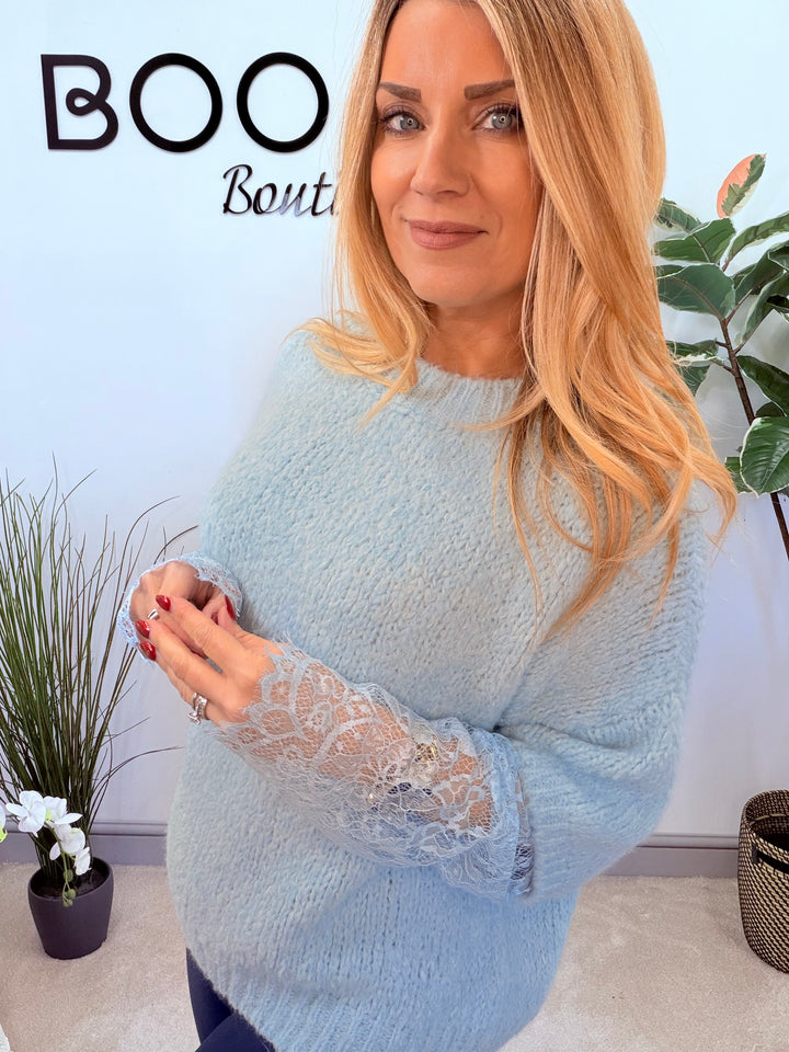 LADIES FASHION CHUNKY KNIT LACE SLEEVE JUMPER - PINK, BLUE, BEIGE, BLACK & BROWN