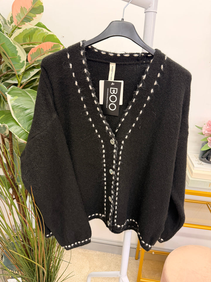 Ladies Fashion Slouch Knitted Cardigan - Black, Grey & Pink