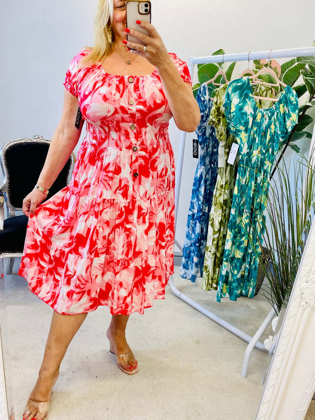 LADIES SUMMER MIDI BARDOT DRESS - PINK, BLUE, GREEN & KHAKI