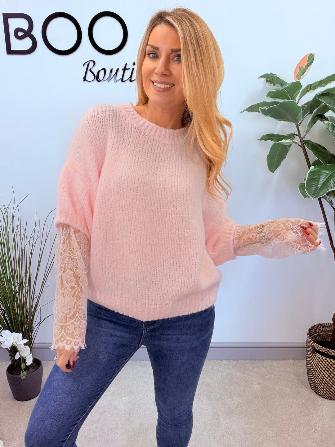 LADIES FASHION CHUNKY KNIT LACE SLEEVE JUMPER - PINK, BLUE, BEIGE, BLACK & BROWN