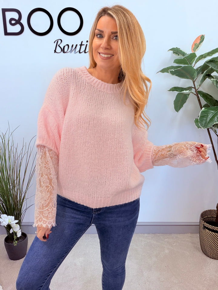 LADIES FASHION CHUNKY KNIT LACE SLEEVE JUMPER - PINK, BLUE, BEIGE, BLACK & BROWN