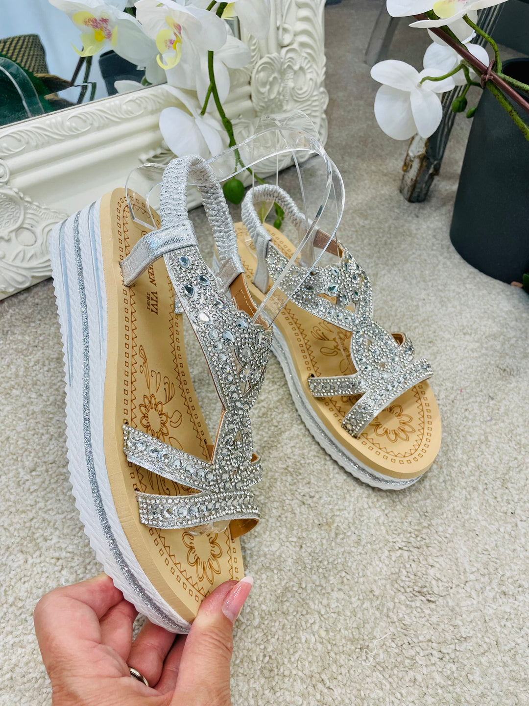 LADIES SILVER DIAMANTE SPARKLY SUMMER SANDALS