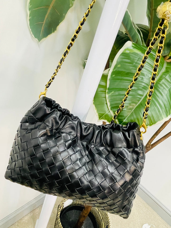 LADIES DESIGNER INSPIRED WOVEN HAND BAG - BLACK, WINE, BROWN, BEIGE