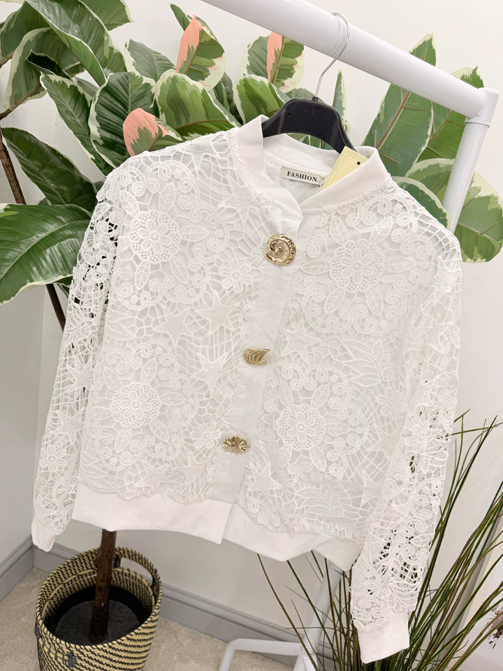 Ladies Fashion White Crochet Bomber Jacket
