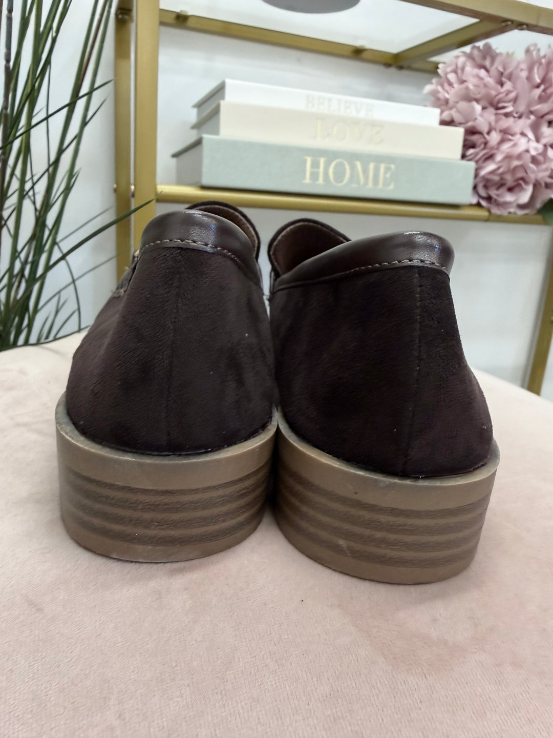 Ladies Fashion Chocolate Brown Faux Suede Flat Loafer Shoes 