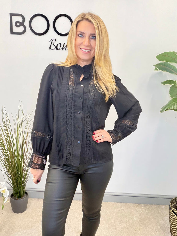 LADIES COTTON LACY BLOUSE SHIRT - WHITE, BLACK, YELLOW  & PINK