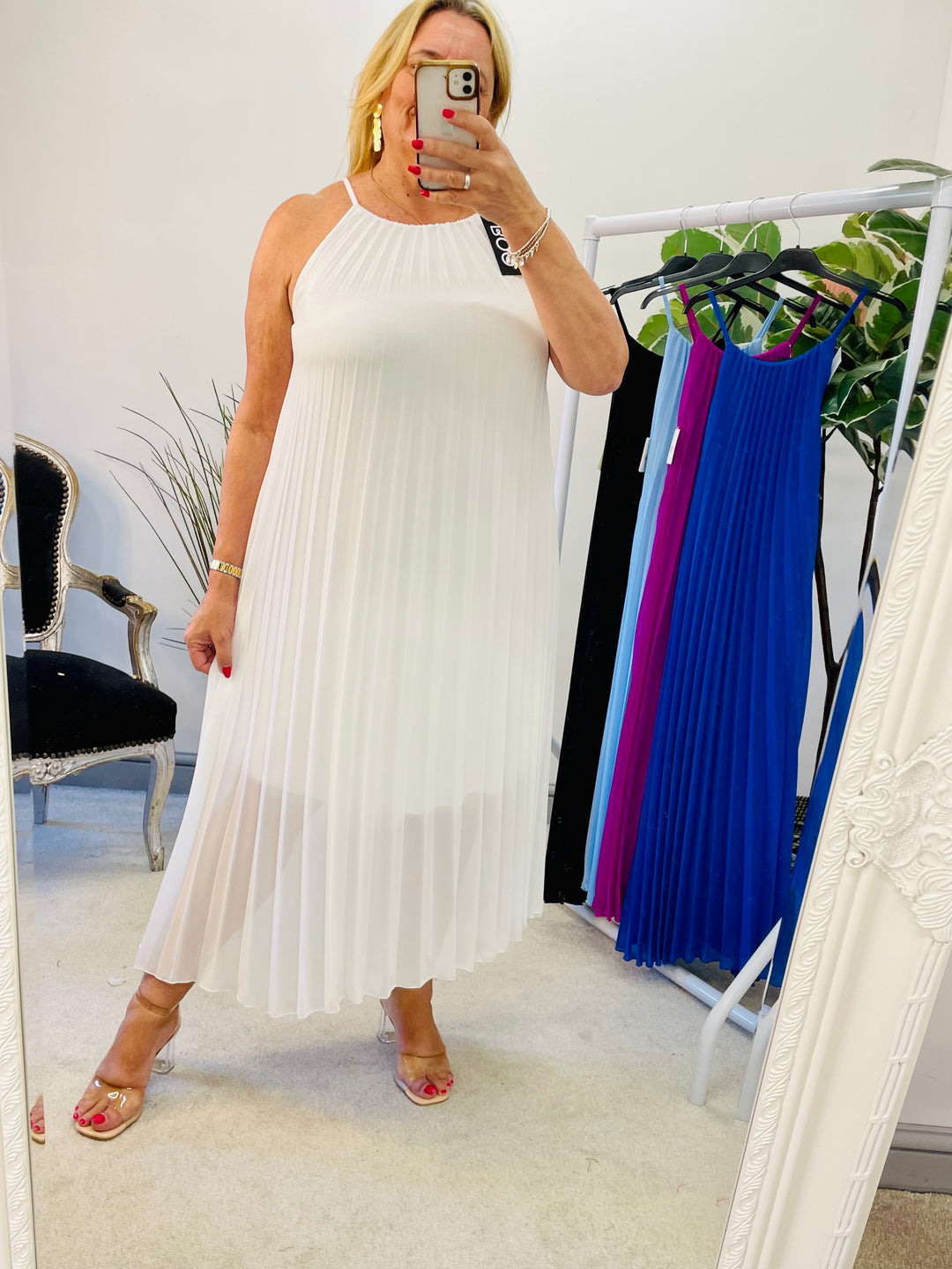 LADIES CHIFFON PLEATED SUMMER MAXI DRESS - BLACK, WHITE, ROYAL BLUE, MAGENTA, PALE BLUE