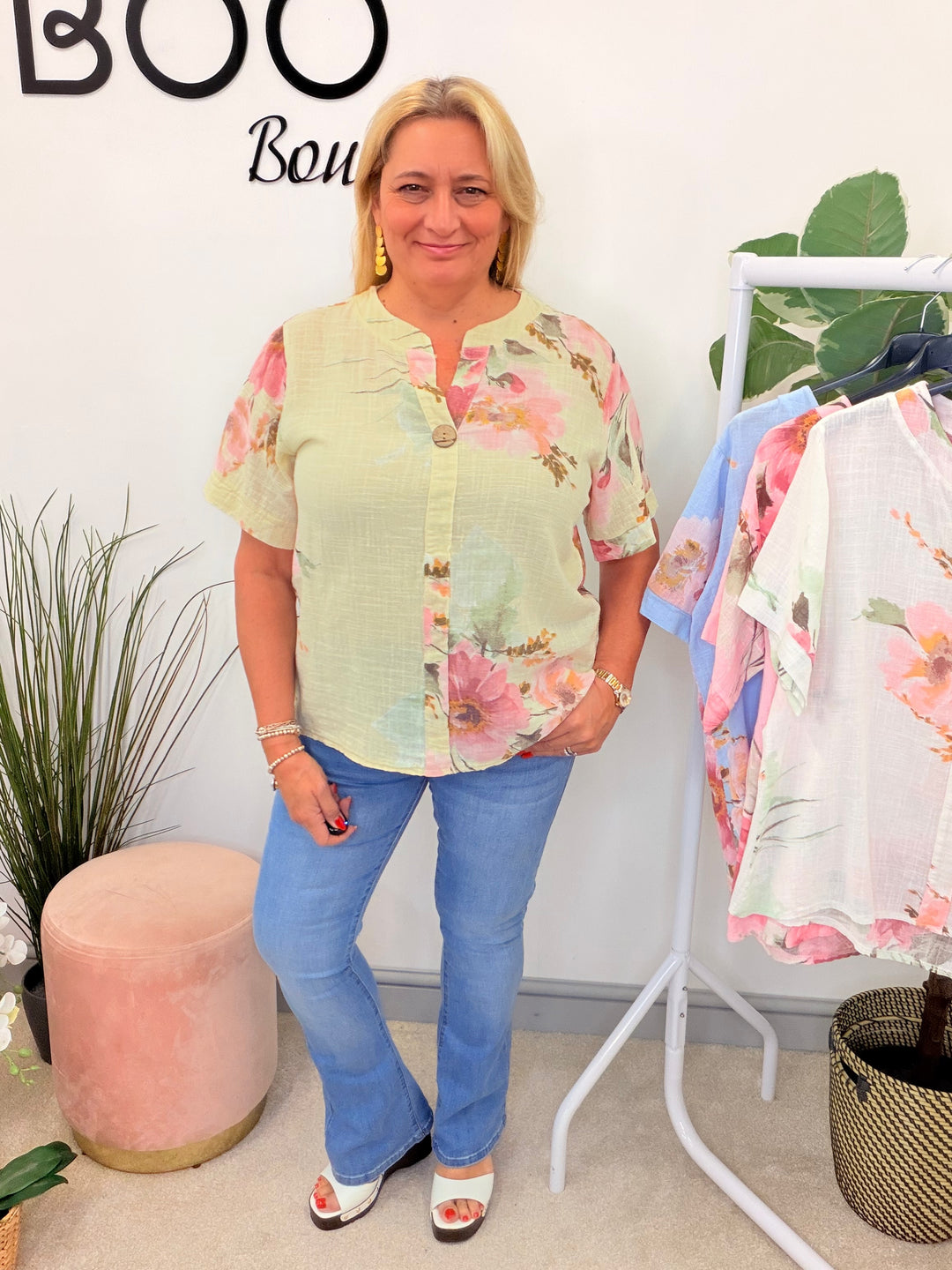 Ladies Fashion Light Linen Flower Print Grandad Shirt Top - Pink, Blue, White & Lemon