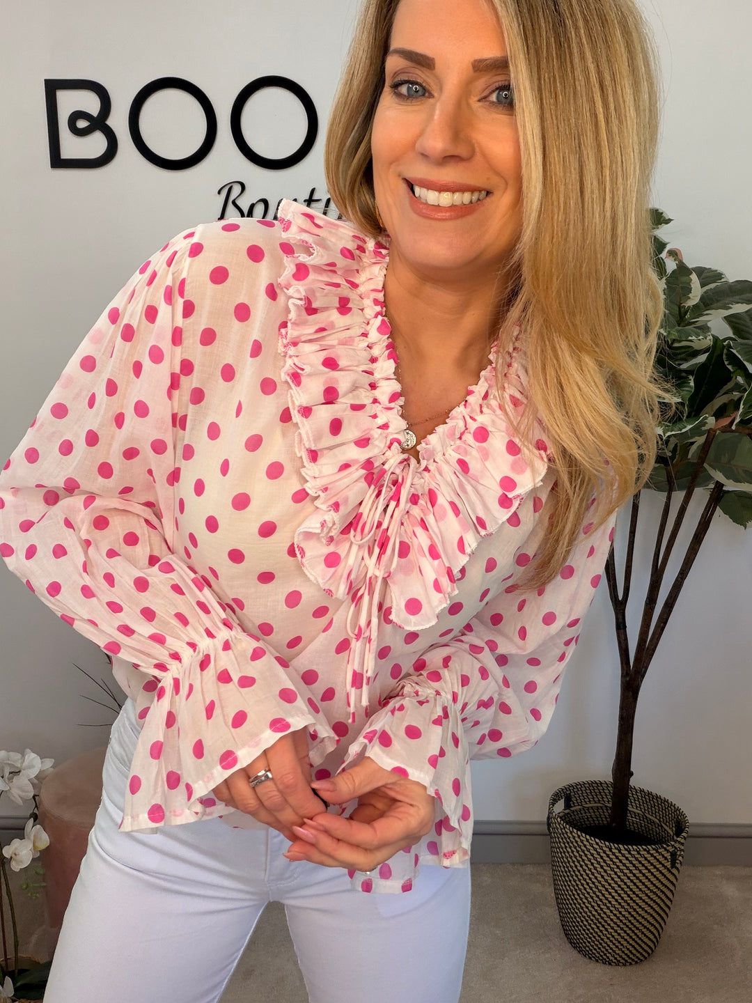 Ladies Fashion White Cotton Polka Dot Pretty Blouse - pink & navy