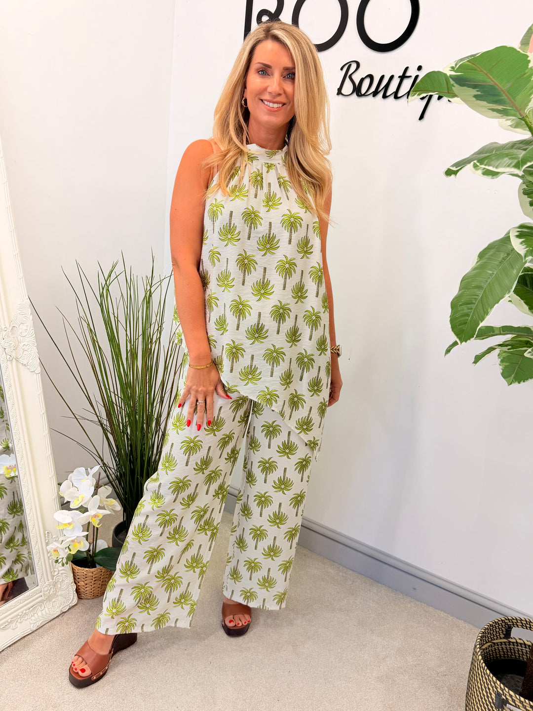 Ladies Palm Tree Print Fashion Trouser Co Ord Set - Navy, White, Pink, Brown & Orange