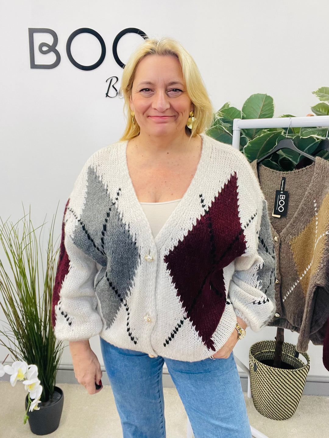 LADIES ARGYLE KNIT OVERSIZE CARDIGAN - BERRY, BEIGE, BROWN, MOCHA